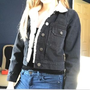 ASOS Black Denim Jacket Sherpa Collar Petite